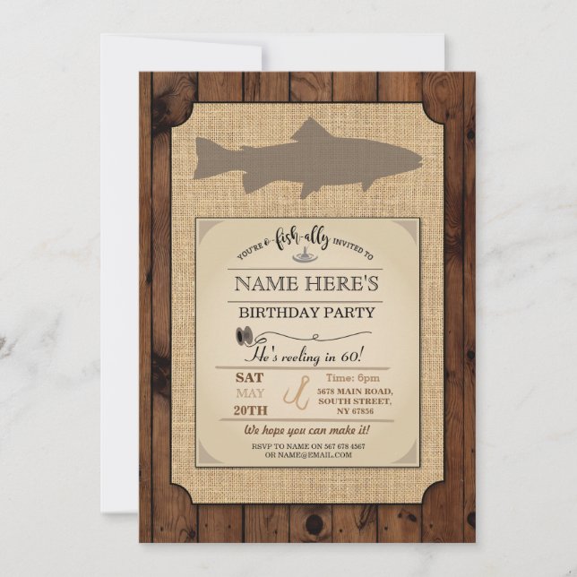 Fishing Birthday Party Rustic Wood Fish Rod Invite (Front)