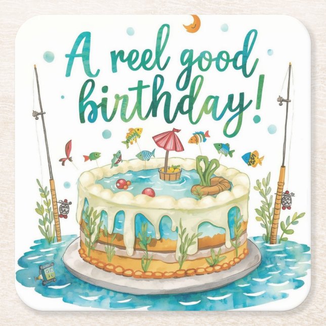 Fishing Birthday themed Anglers Fishermen party Square Paper Coaster (Front)
