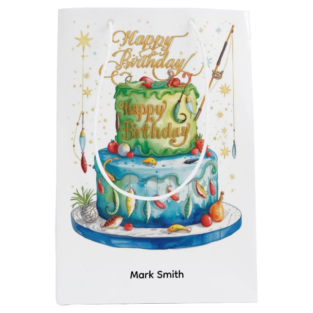 Fishing birthday themed hooked on fun  medium gift bag (Front)