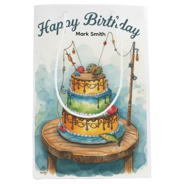 Fishing birthday themed hooked on fun  medium gift bag (Front)