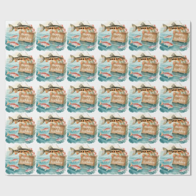 Fishing birthday themed hooked on fun   wrapping paper (Flat)