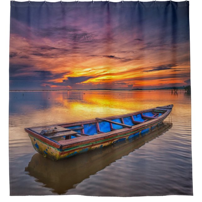 Fishing Boat At Sunrise | Jubakar Beach Shower Curtain (Front)