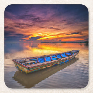 Fishing Boat At Sunrise   Jubakar Beach Square Paper Coaster