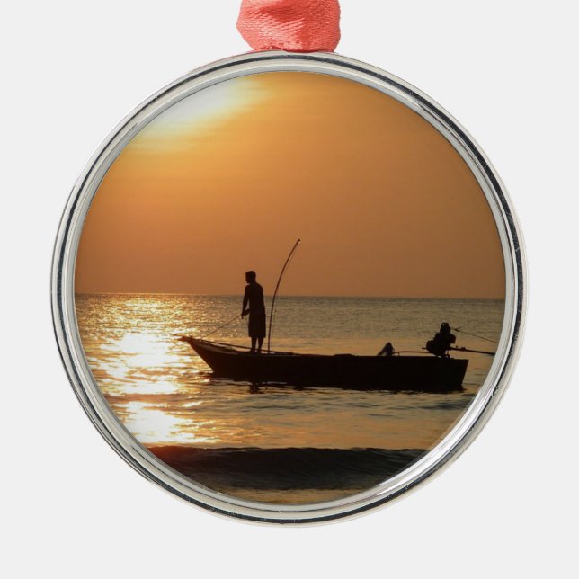 Fishing Boat at Sunset Metal Tree Decoration (Front)