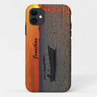 Fishing Boat at Sunset, Orange Sky, Name