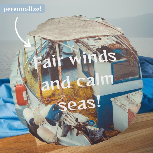 Fishing Boat at the Mediterranean Seaside Round Cushion (Creator Uploaded)