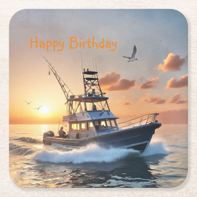 Fishing Boat Birthday Square Paper Coaster (Front)