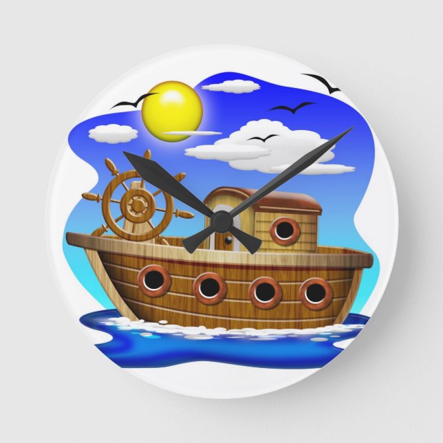 Fishing Boat Cartoon  Round Clock (Front)