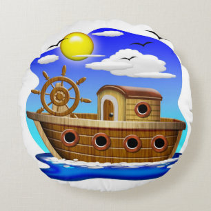 Fishing Boat Cartoon Round Cushion