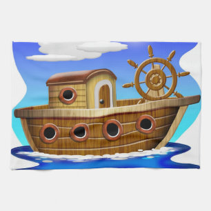 Fishing Boat Cartoon Tea Towel