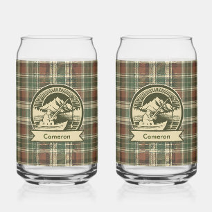 Fishing Boat Mountain Lake Sun Olive Brown Plaid Can Glass