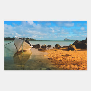 Fishing Boat On Mauritian Beach With Islet Rectangular Sticker