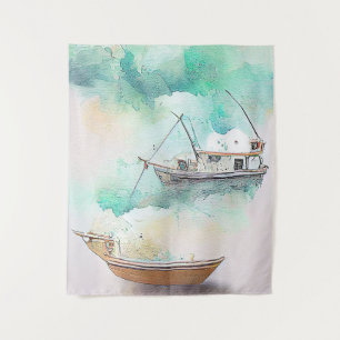 Fishing Boat Port Landscape Scenery Nature  Tapestry