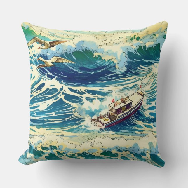 Fishing Boat Riding Ocean Waves Cushion (Front)