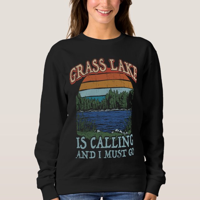 Fishing Boating Camping Retro Lake Vacation Grass  Sweatshirt (Front)