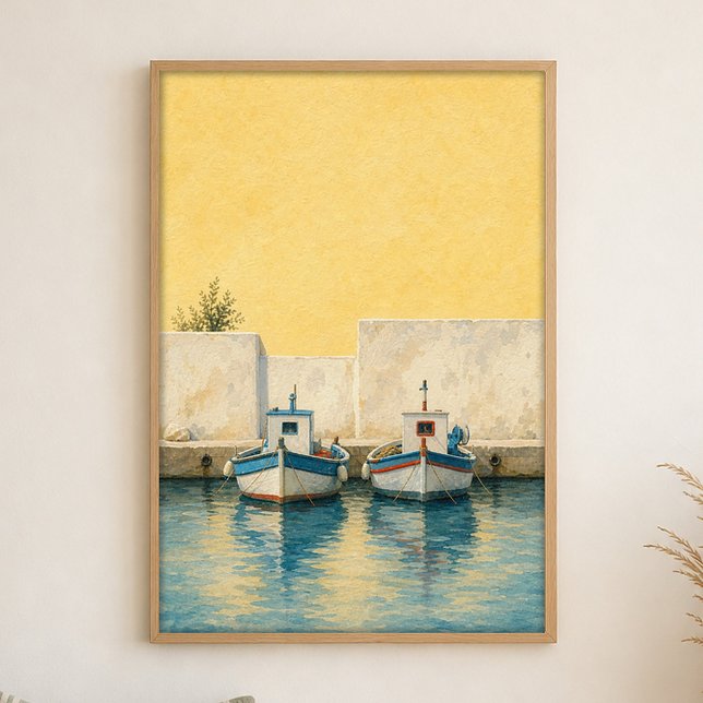 Fishing Boats in a Tiny Harbour Watercolour Poster (Shown framed for scale. Poster ships unframed; frames are an optional add-on.)