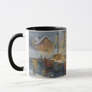 Fishing Boats in Harbor Christmas Mug