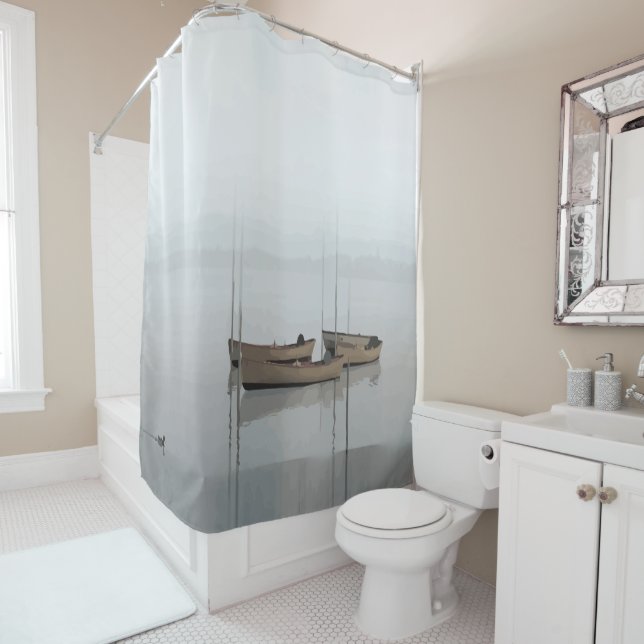 Fishing Boats in Soft Grey, Grey water & sky Shower Curtain (In Situ)