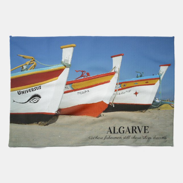 Fishing Boats on Algarve's Beach Photo Tea Towel (Horizontal)