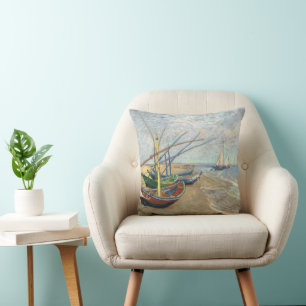 Fishing Boats on the Beach by Vincent Van Gogh Cushion