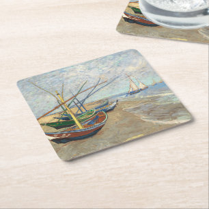 Fishing Boats on the Beach by Vincent Van Gogh  Square Paper Coaster