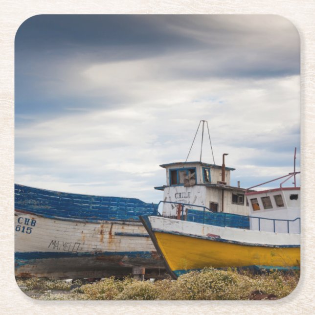 Fishing boats square paper coaster (Front)