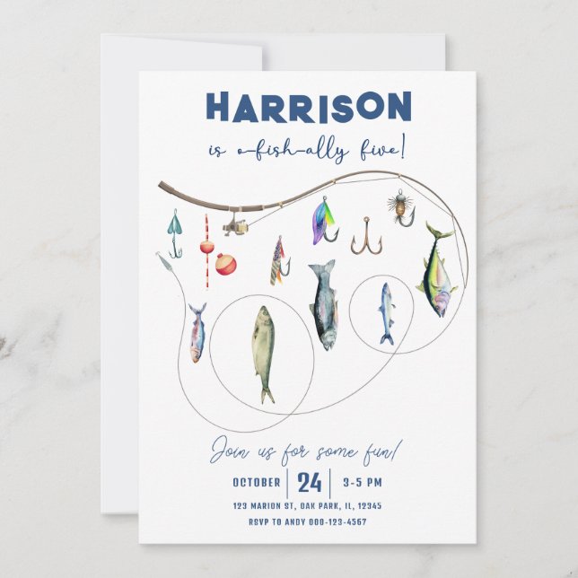 Fishing Boy O-Fish-Ally Five Birthday  Invitation (Front)