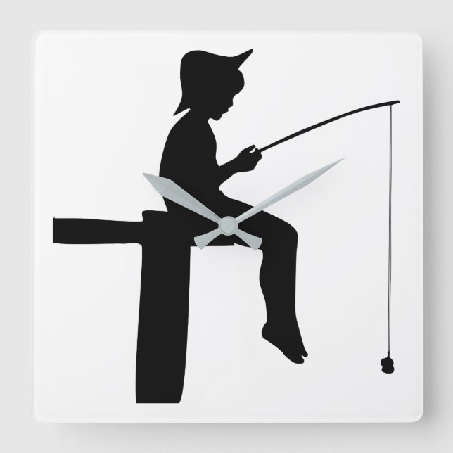 Fishing Boy Silhouette Square Wall Clock (Front)