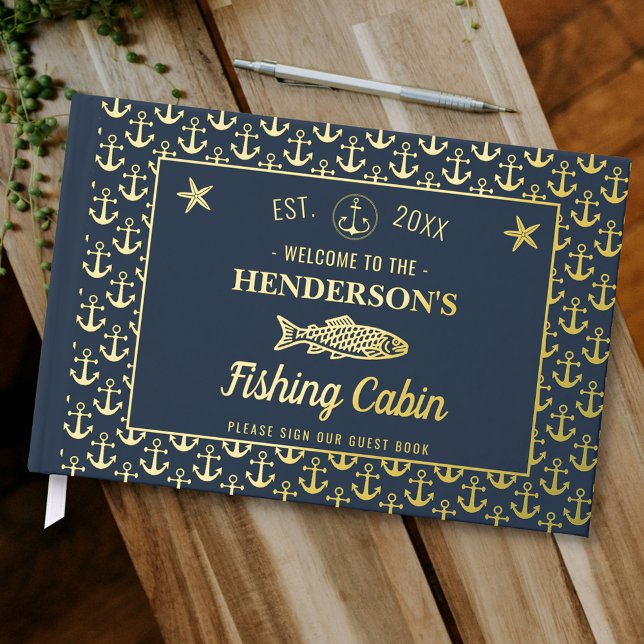 Fishing Cabin Custom Welcome Fish Anchors Gold Guest Book (Creator Uploaded)