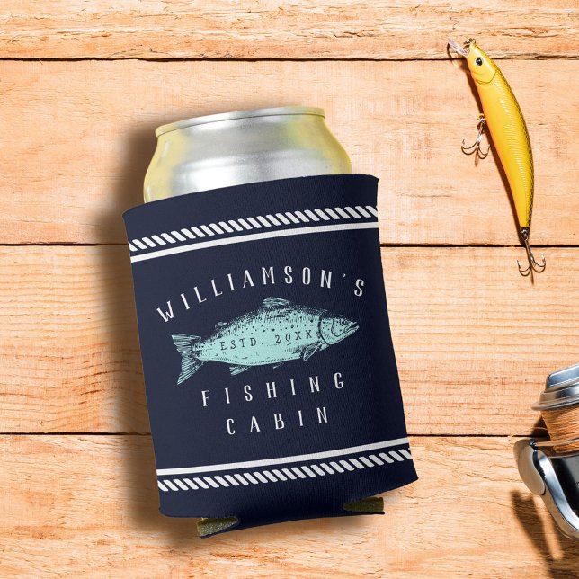 Fishing Cabin family name Minimal Navy blue Rustic Can Cooler (Creator Uploaded)