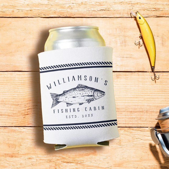 Fishing Cabin family name Minimal Navy blue Rustic Can Cooler (Creator Uploaded)