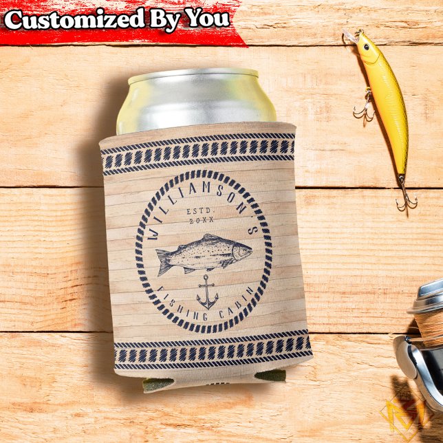 Fishing Cabin family name Wood Navy blue Rustic Can Cooler (Creator Uploaded)
