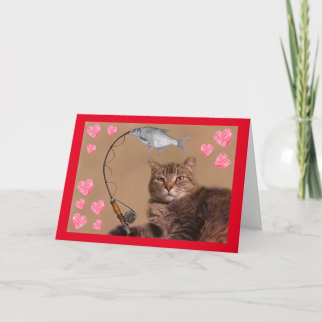Fishing Cat Romantic Valentine's Day Holiday Card (Front)