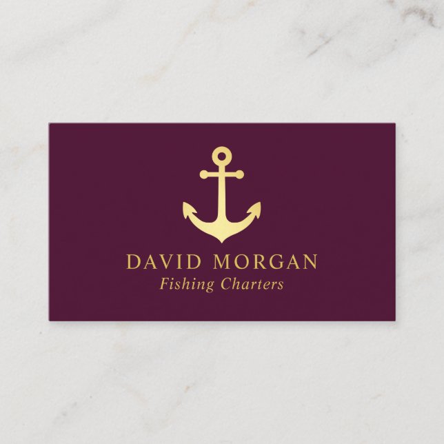 Fishing Charters Anchor Logo Burgundy And Gold  Business Card (Front)