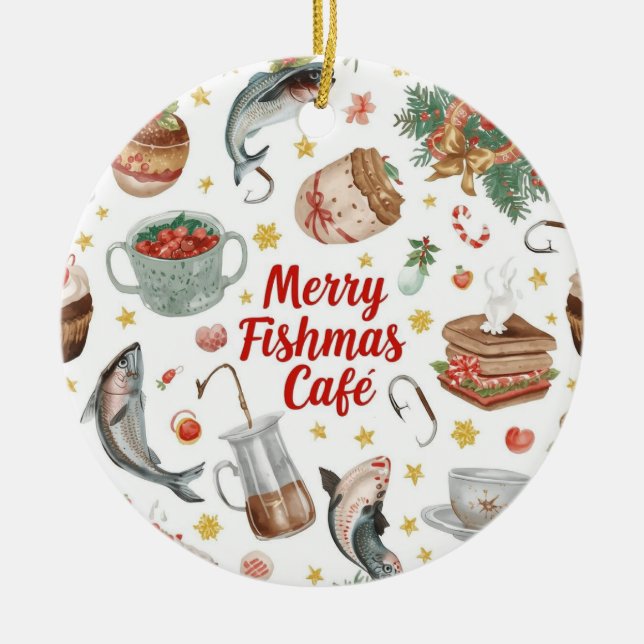 Fishing Christmas Themed  Ceramic Tree Decoration (Front)