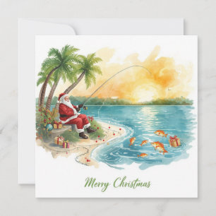 Fishing Christmas with Santa Claus Holiday Card