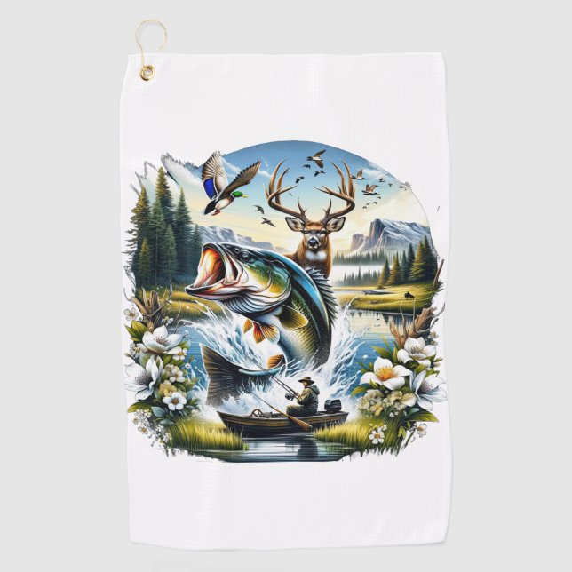 Fishing, Deer, Duck Hunting Golf Towel (Front)