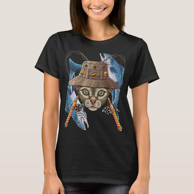 Fishing Devon Rex Outdoor Fisherman Cat Cute Fly F T-Shirt (Front)