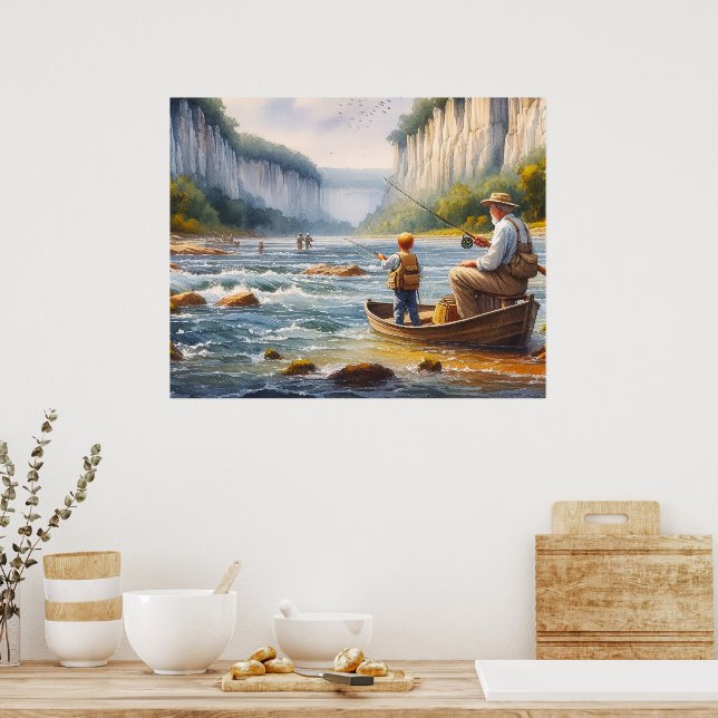 Fishing Digital Watercolor River Canoe Poster (Kitchen)