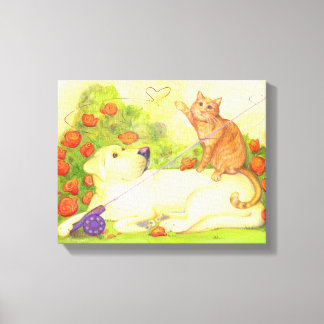 Fishing Dog and Cat / Wrapped Canvas 14" x 11"