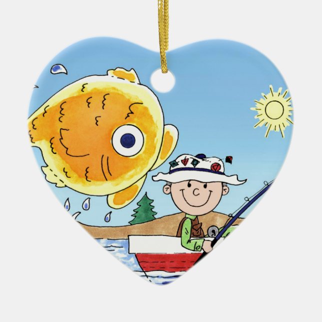 Fishing, Fisherman - Personalised Cartoon Ceramic Tree Decoration (Front)