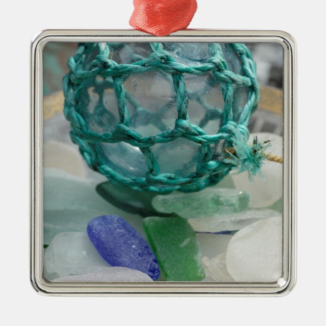 Fishing float on glass, Alaska Metal Tree Decoration (Front)