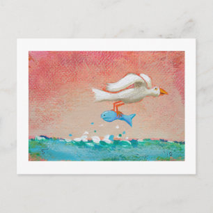 Fishing for dinner - Tiny Art #608 Bird & Fish art Postcard