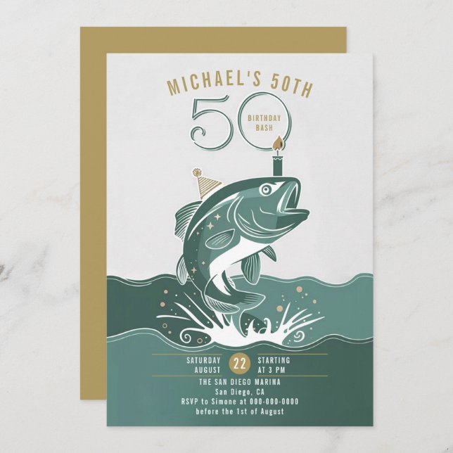 Fishing Fun Big Fish Green Men 50th Birthday Invitation (Front/Back)