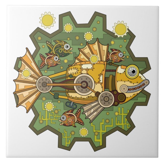Fishing Gear, Whimsical Mechanical Fish Tile (Front)