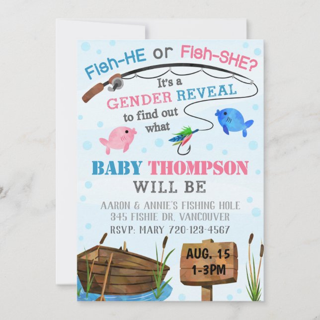 Fishing Gender Reveal Invitation, Fish-HE Fish-SHE Invitation (Front)