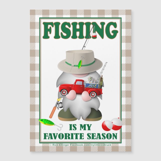 Fishing Gnome with Little Red Truck vinyl magnet (Front)