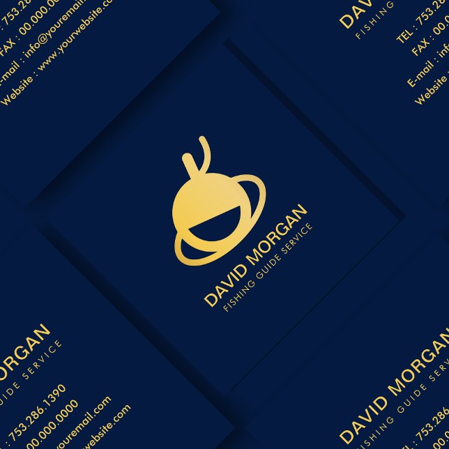 Fishing Guide Fishing Float Logo Navy And Gold Square Business Card (Creator Uploaded)