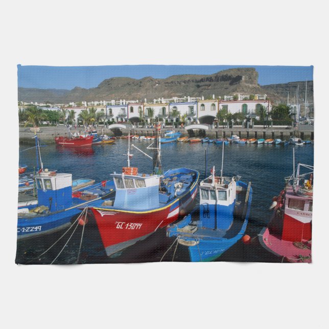 Fishing Harbour, Puerto de Mogan, Gran Canaria, Tea Towel (Horizontal)