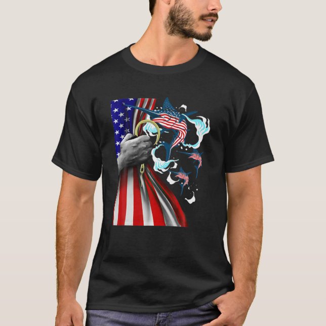 Fishing Hooked American Flag - Funny Graphics Them T-Shirt (Front)